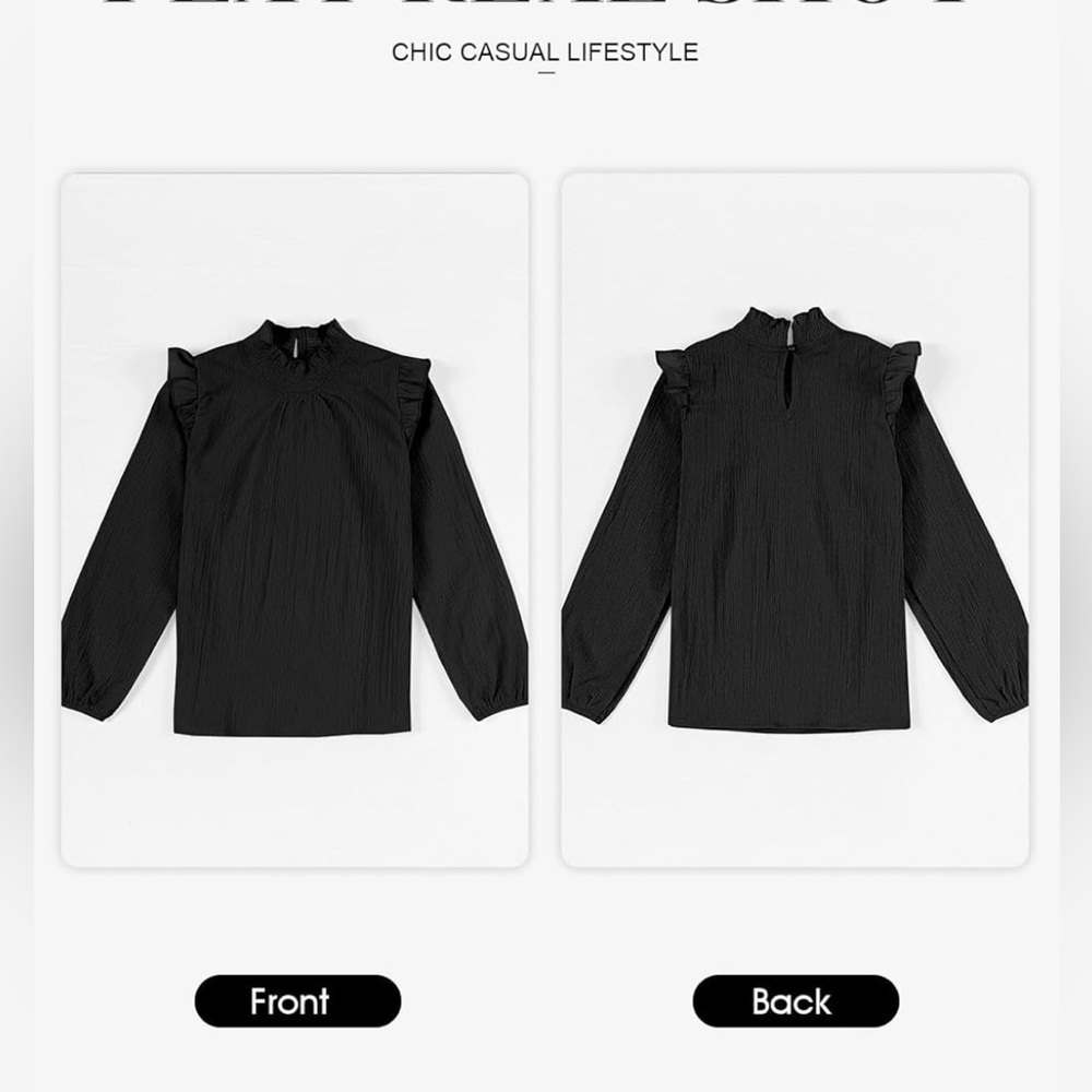 Black Smocked Ruffle Blouse Lightweight Long Sleeve Top High Neck Flowy - Picture 4 of 8